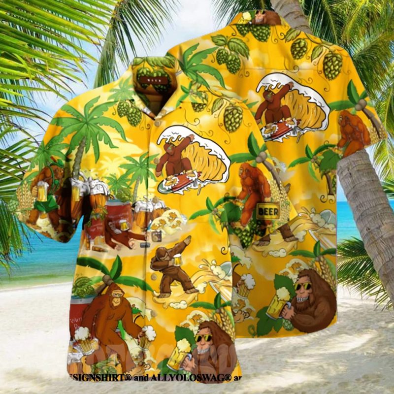 Bigfoot Summer Beer Beach All Over Print Hawaiian Shirt   Yellow
