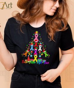 Breast Cancer Trees Christmas Santa Ribbon Light Faith Hope Fight Love Shirt