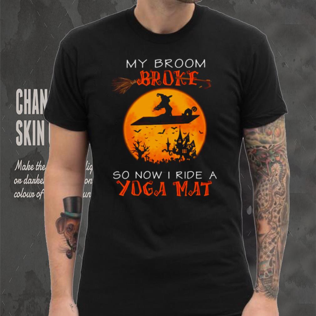 Witch And Cat My Broom Broke So Now I Ride A Yoga Mat Halloween T shirt