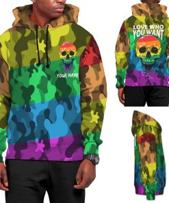 LGBT Pride Rainbow Camouflage Skull Custom Name 3D All Over Print Hoodie Shirt For Gay Lesbian Bisexual Transgender