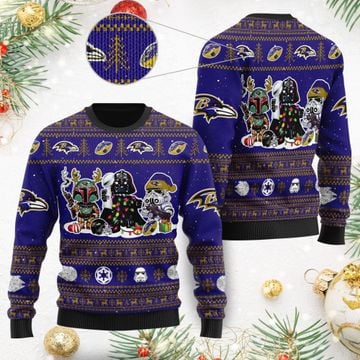 Baltimore RavensI Star Wars Ugly Christmas Sweater Sweatshirt Holiday Party 2021 Plus Size Darth Vader Boba Fett Stormtroopers