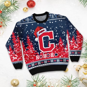 Cleveland Indians Symbol Wearing Santa Claus Hat Ho Ho Ho 3D Custom Name Ugly Christmas Sweater Shirt For MLB American Baseball Fans On Xmas Days