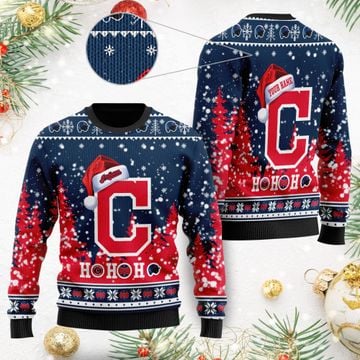 Cleveland Indians Symbol Wearing Santa Claus Hat Ho Ho Ho 3D Custom Name Ugly Christmas Sweater Shirt For MLB American Baseball Fans On Xmas Dayss
