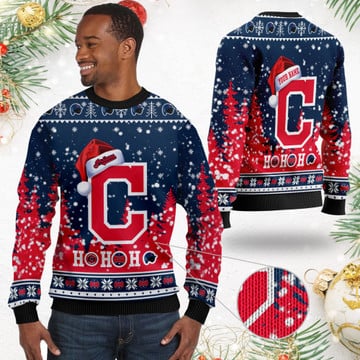 Cleveland Indians Symbol Wearing Santa Claus Hat Ho Ho Ho 3D Custom Name Ugly Christmas Sweater Shirt For MLB American Baseball Fans On Xmas Daysz