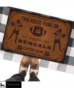 This House Runs On Cincinnati Bengals Custom Personalized Vintage Design Entrance Doormat Welcome Hello Door Mats Rug For Outdoor Indoor Inside