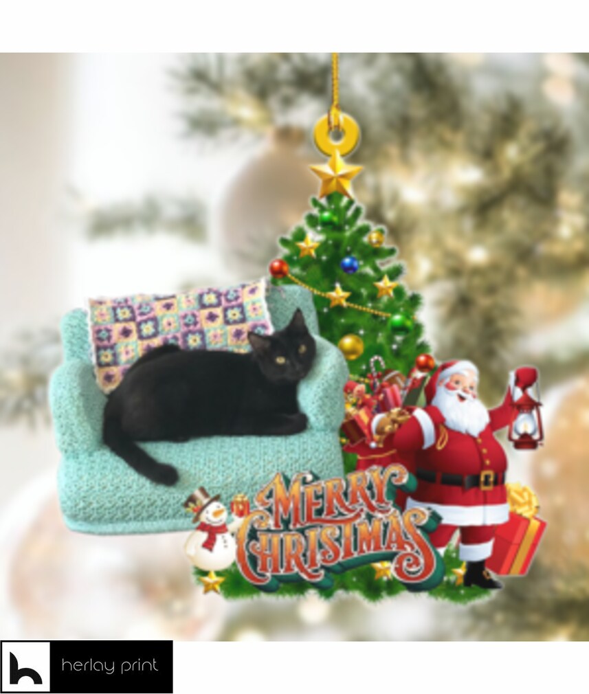 Black Cat Lying On Couch And Christmas Tree   Ornament