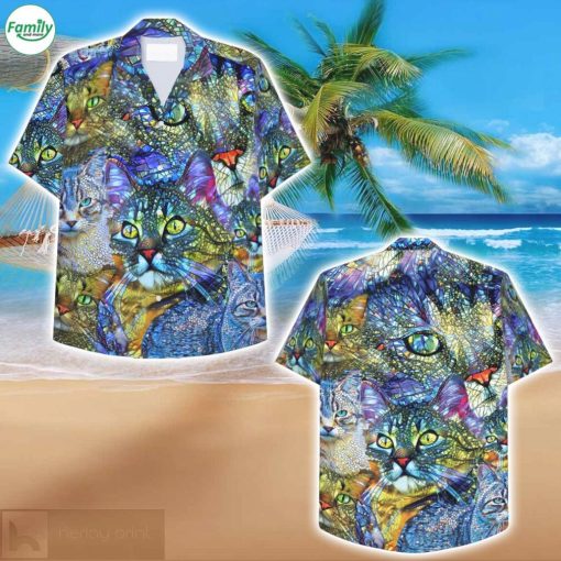 Cat Mosaic Yellow Eyes Hawaiian Shirt