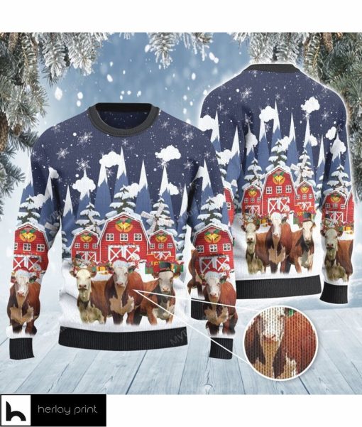 Hereford Cattle Lovers Christmas Gift Snow Farm All Over Print Sweater