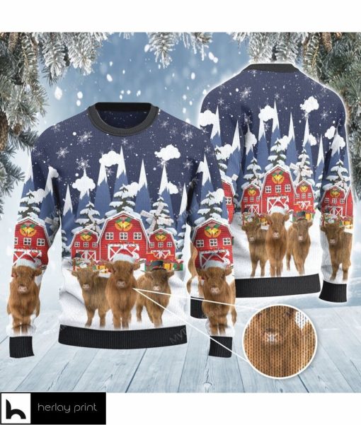 Highland Cattle Lovers Christmas Gift Snow Farm All Over Print Sweater
