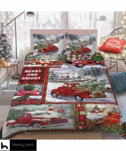 Merry And Bright Christmas Red Truck Quilt Bed Set